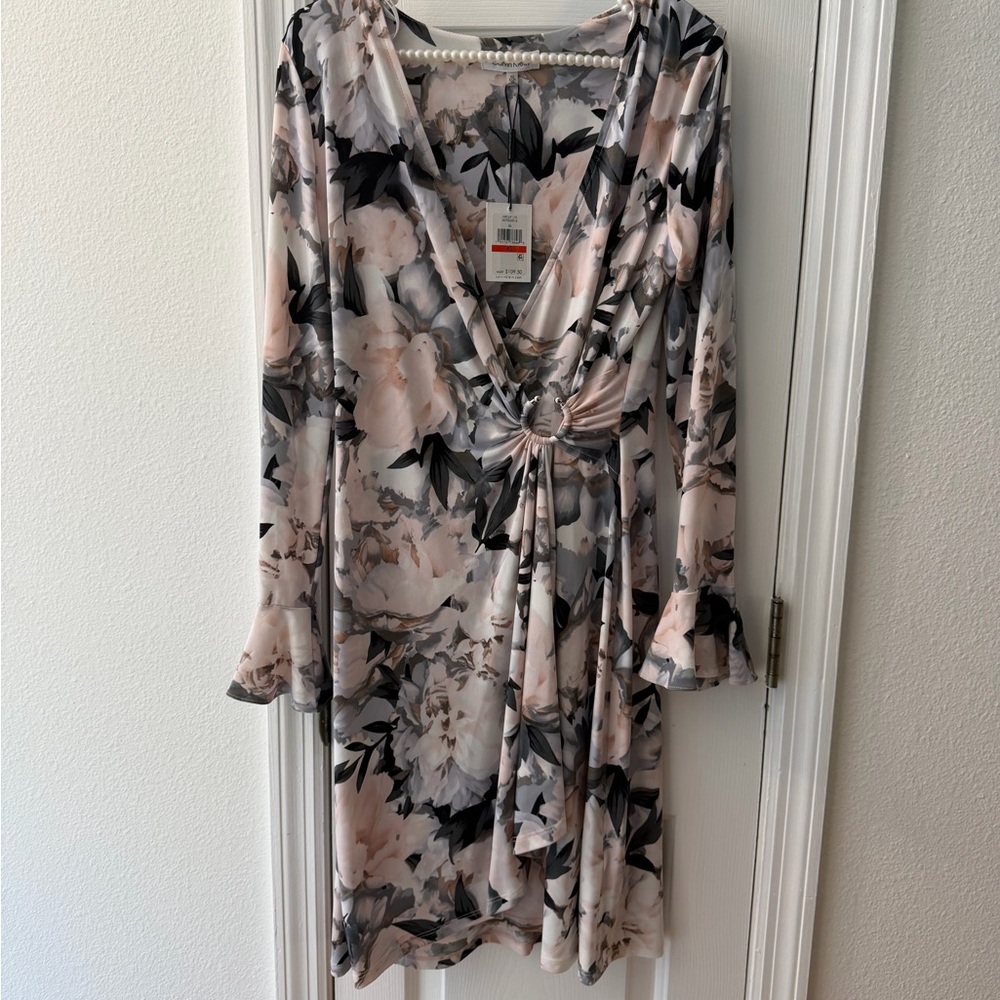 Calvin Klein Long Sleeve Floral Wrap Dress in Blush, Black and Gray